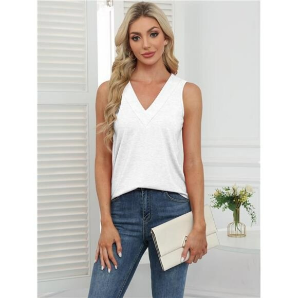 Womens V Neck Sleeveless Tunic Top Summer Casual Loose Fit Basic Tank Shirt - Picture 4 of 6